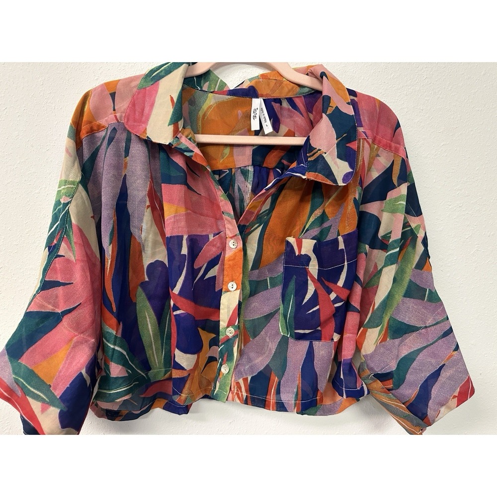 Truth nyc Vibrant Multicolor Festive Crop Blouse Wide Sleeve Women's Size Large